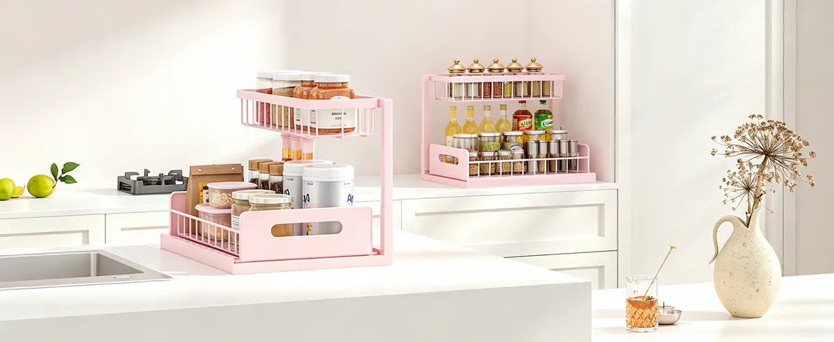 Two pink L-shaped organizers in a white kitchen