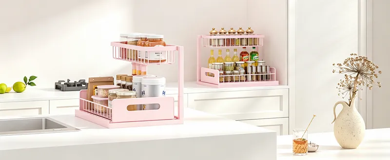 Two pink L-shaped organizers in a white kitchen