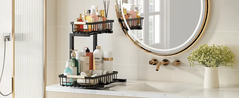 Black height-adjustable organizer holding toiletries on a bathroom vanity