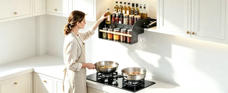 A cook at the stove under a black pull-down spice shelf lowered from the wall cabinet