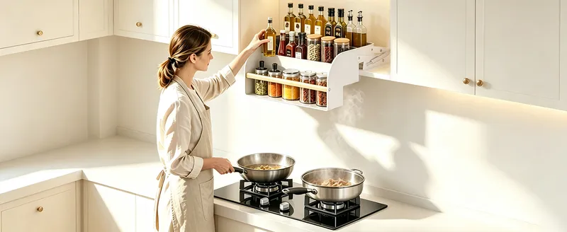 White pull-down spice shelf lowered over a cook at the counter