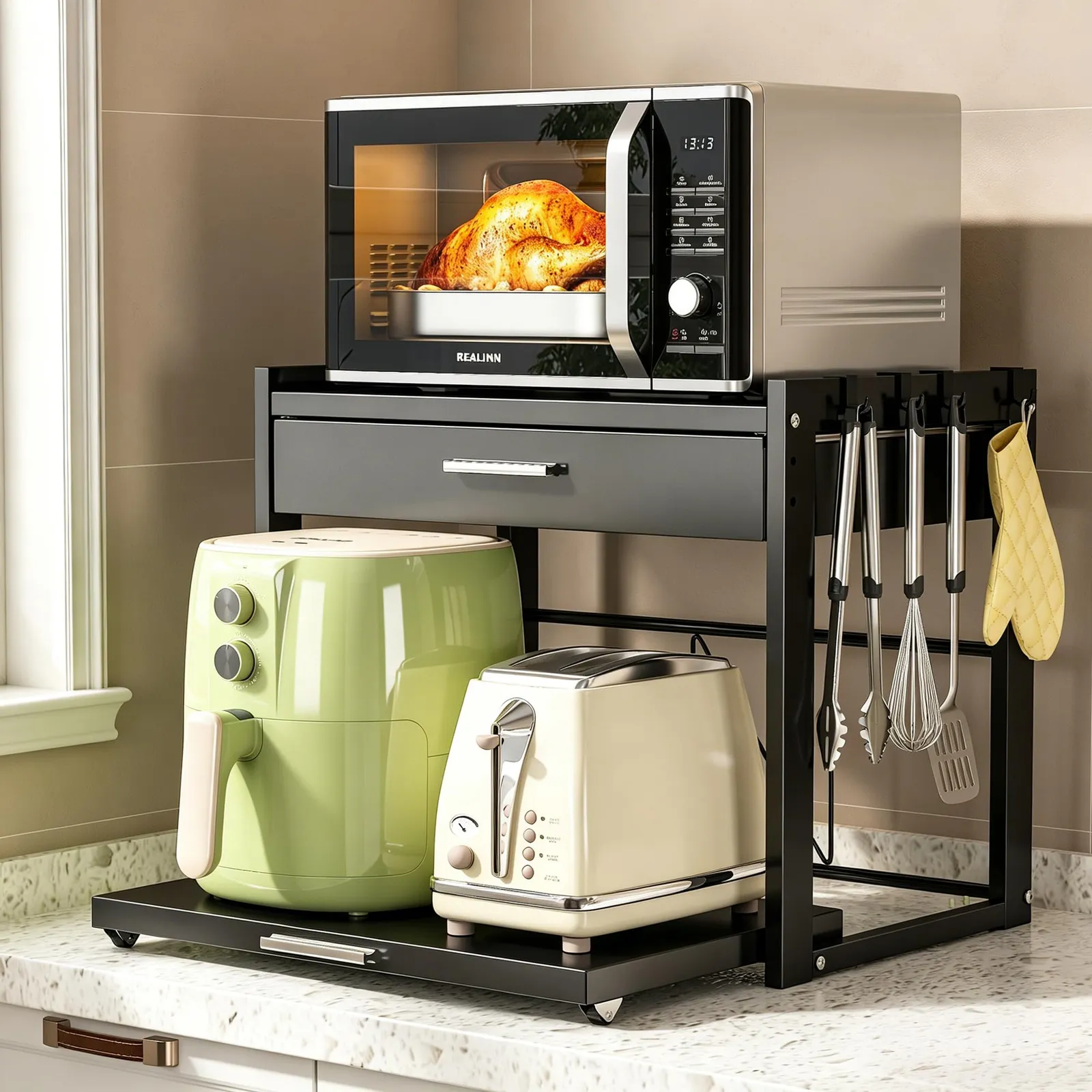REALINN Microwave Stand, Black, in use
